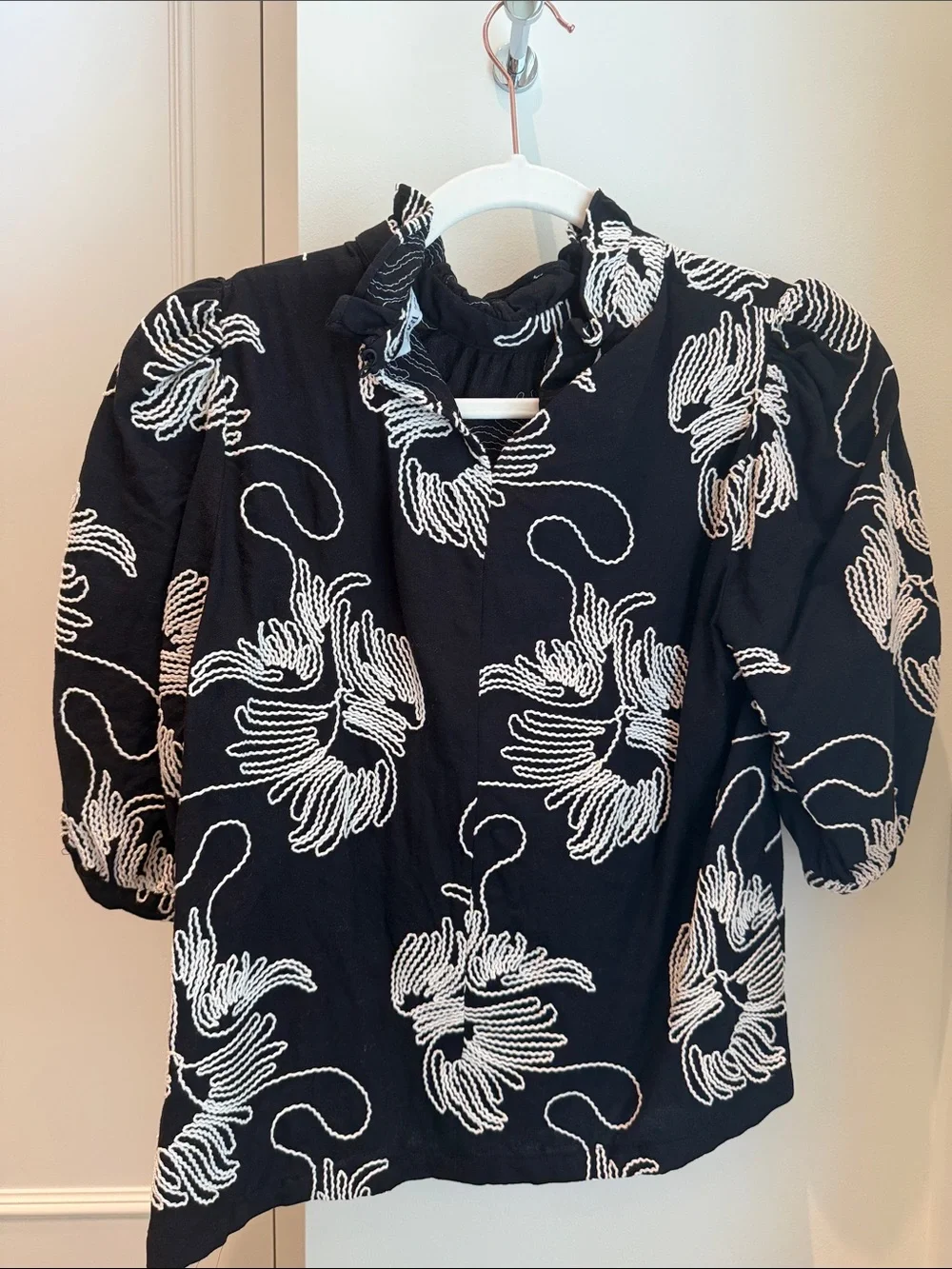 Zara Black Top with White Abstract Floral Embroidery